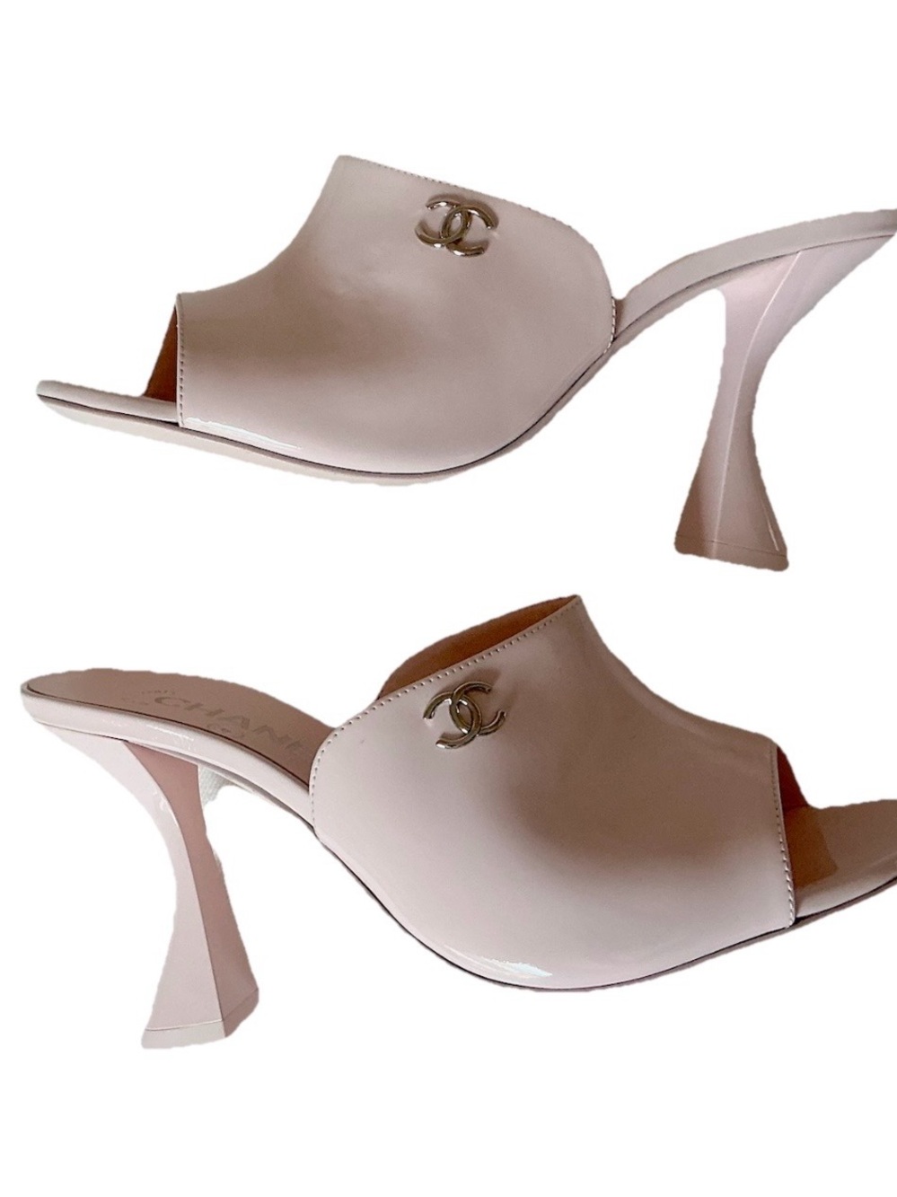 🦄CHANEL 26C Light Pink Calfskin
Patent Leather Open Toe Mule Heels NIB FULL SET - Picture 3 of 12